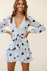 Kerry Layered Balloon Sleeve Dress Black Spot Print White