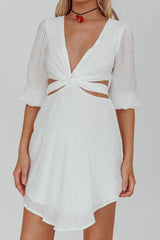 Sunshine Sweetie Cut-Out Waist Tie Feature Mini Dress White