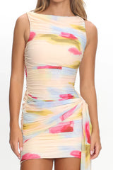 Luli Boat Neck Sash Mini Dress Floral