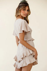 Queenie Angel Sleeve Ruffle Trim Dress Mocha