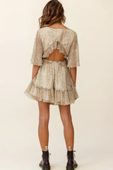 Flissy Angel Sleeve Cut-Out Babydoll Dress Leopard Print Mustard
