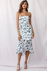 Hadassah High-Low Fluted Hem Midi Dress Animal Print White