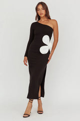No Competition One-Shoulder Oversized Flower Maxi Dress Black
