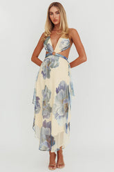 Samia Cut-Out Halterneck Maxi Dress Beige/Blue
