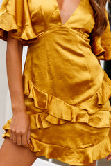 Miss Coco Angel Sleeve Ruffle Trim Dress Mustard