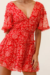 Psalm Angel Sleeve Frill Dress Floral Stencil Print Red