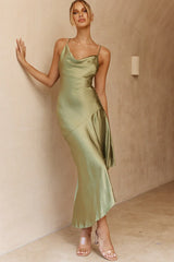 Morning Sun Cowl Neckline Asymmetrical Hem Midi Dress Olive