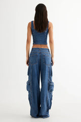 LIONESS After Hours Corset Top Blue Denim