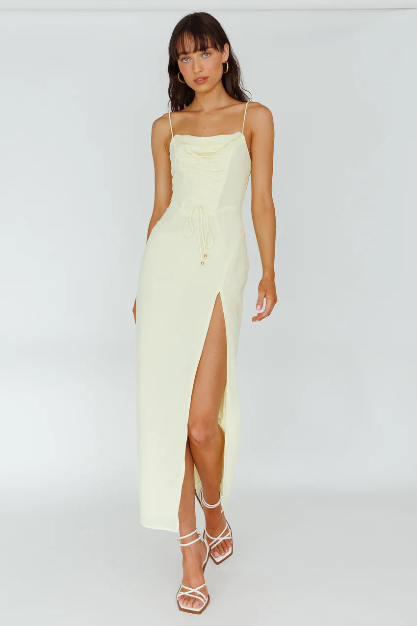 Ryanna Laced Bodice Split Midi Dress Yellow