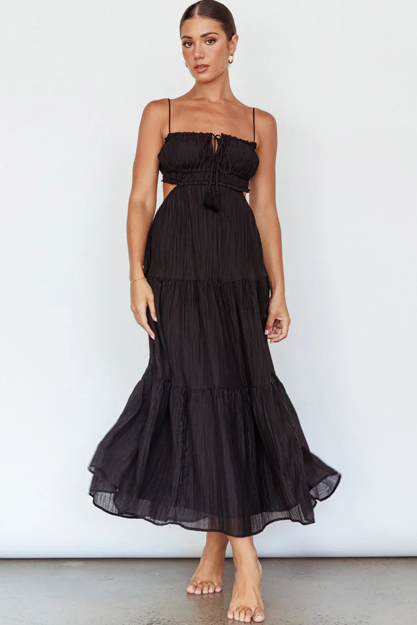 Eyona Cut-Out Waist Tie Maxi Dress Black
