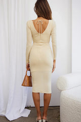 Boldly Go Ruched Drawstring Long Sleeve Knee Length Dress Cream