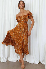 Linka Off-Shoulder Tie Back Midi Dress Marbled Print Mustard