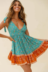 Maven Tied Shoulder Low Back Dress Flower Print Jade