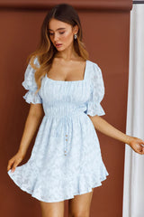 Lilibet Puff Sleeve Elasticated Waist Textured Dress Blue