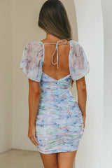 Good Vibes Puff Sleeve Deep V-Neckline Mini Dress Floral Print Blue