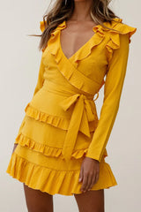 Jemirah Ruffle-Trimmed Long Sleeve Frill Dress Mustard