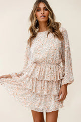 Odessa Long Sleeve Layered Ruffle Dress Floral Print Nude