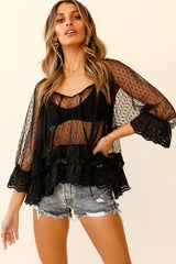 Kiana Adjustable Neckline Tie Hail Spot Mesh Top Black