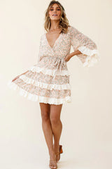 Tulsa 3/4 Sleeve Waist Tie Frill Dress Floral Print Nude