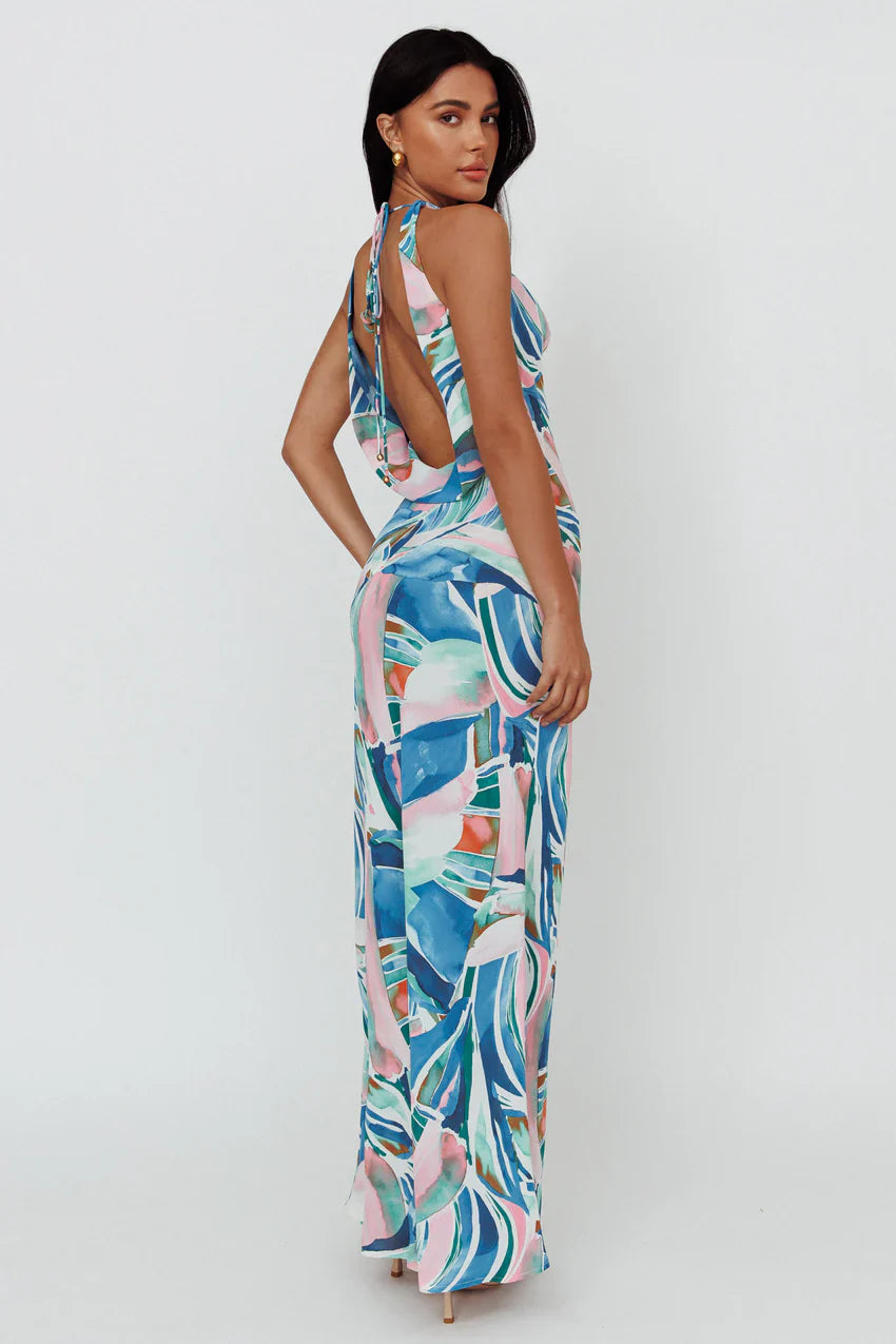 Cassiopeia Open Back Maxi Dress Abstract Blue