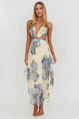 Samia Cut-Out Halterneck Maxi Dress Beige/Blue