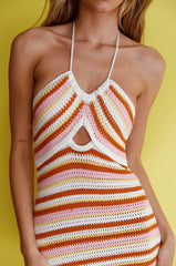 Malibu Nights Halterneck Knit Midi Dress Striped Pink
