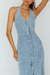 Renita Halterneck Button Maxi Dress Denim Blue