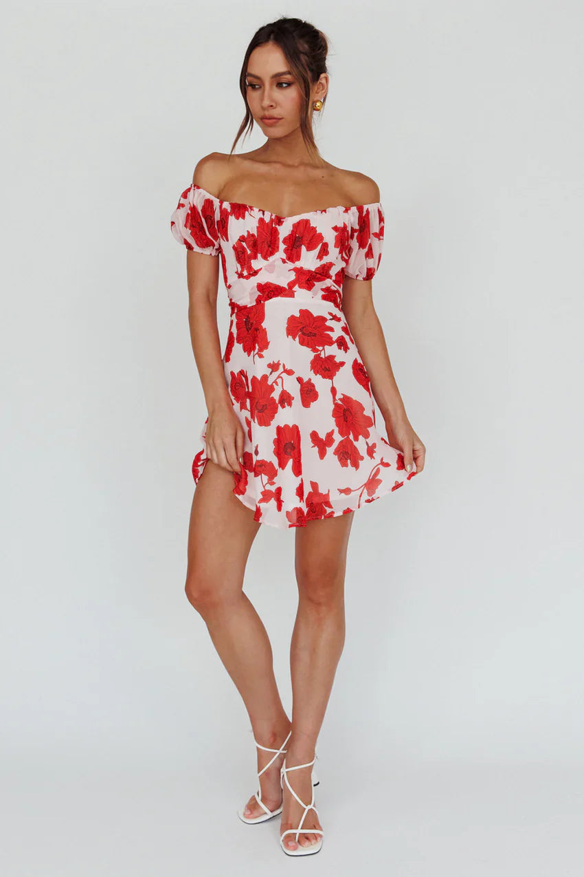 Linka Puff Sleeve Waist Tie Dress Floral Red