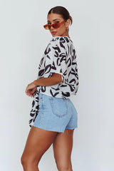 Rivera Deep-V Waist-Tie Top Leaves Black