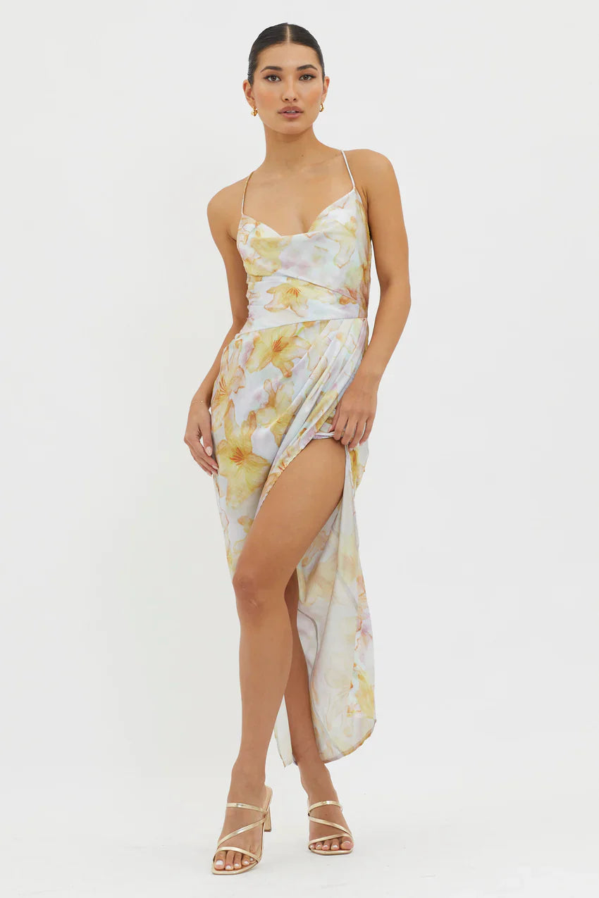 Erryn Tied Back Split Midi Dress Yellow