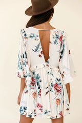 Lynette Loose Fit Angel Sleeve Dress Botanic Print Nude