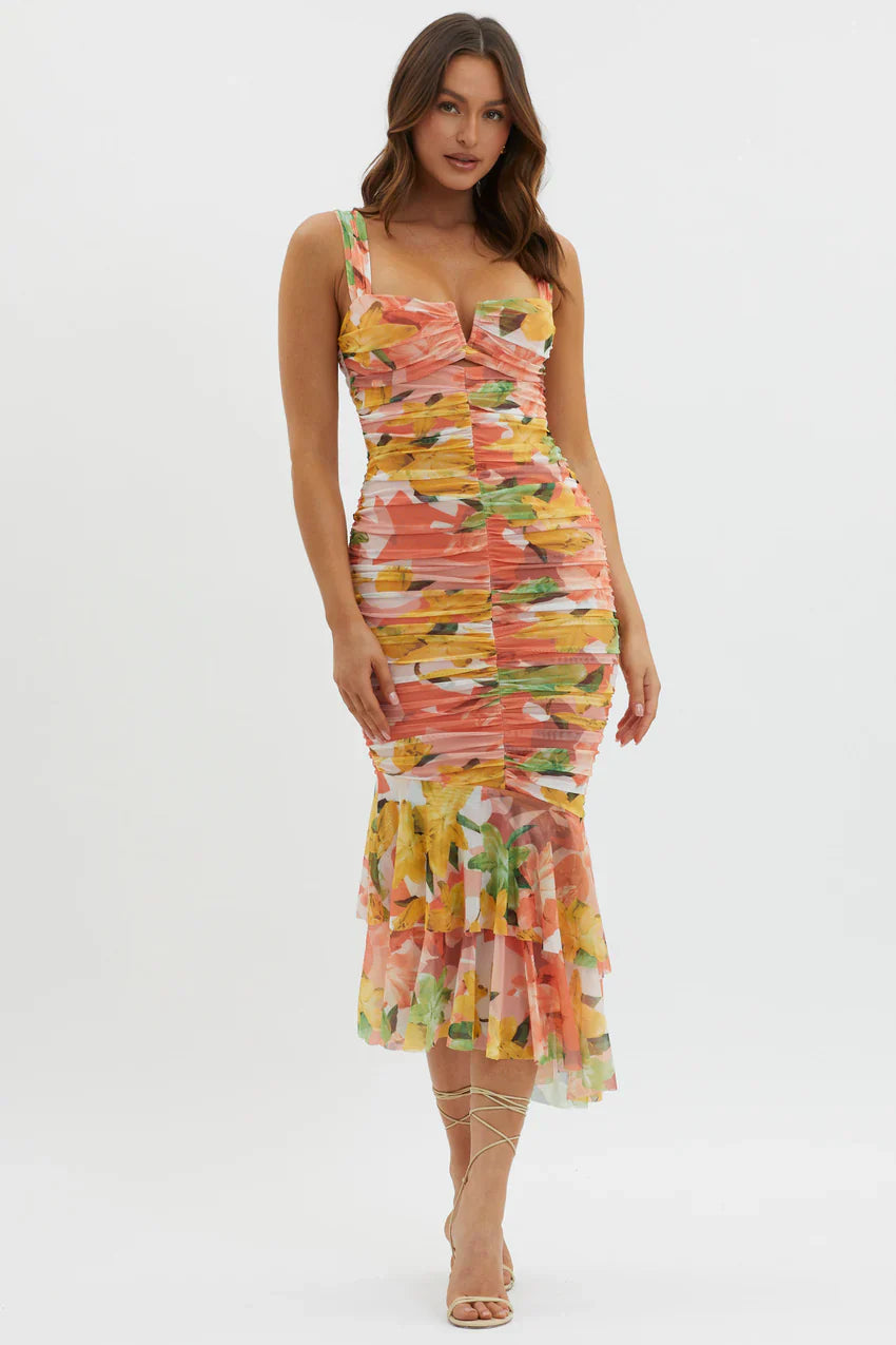 Nadia Ruched Fishtail Midi Dress Floral Orange