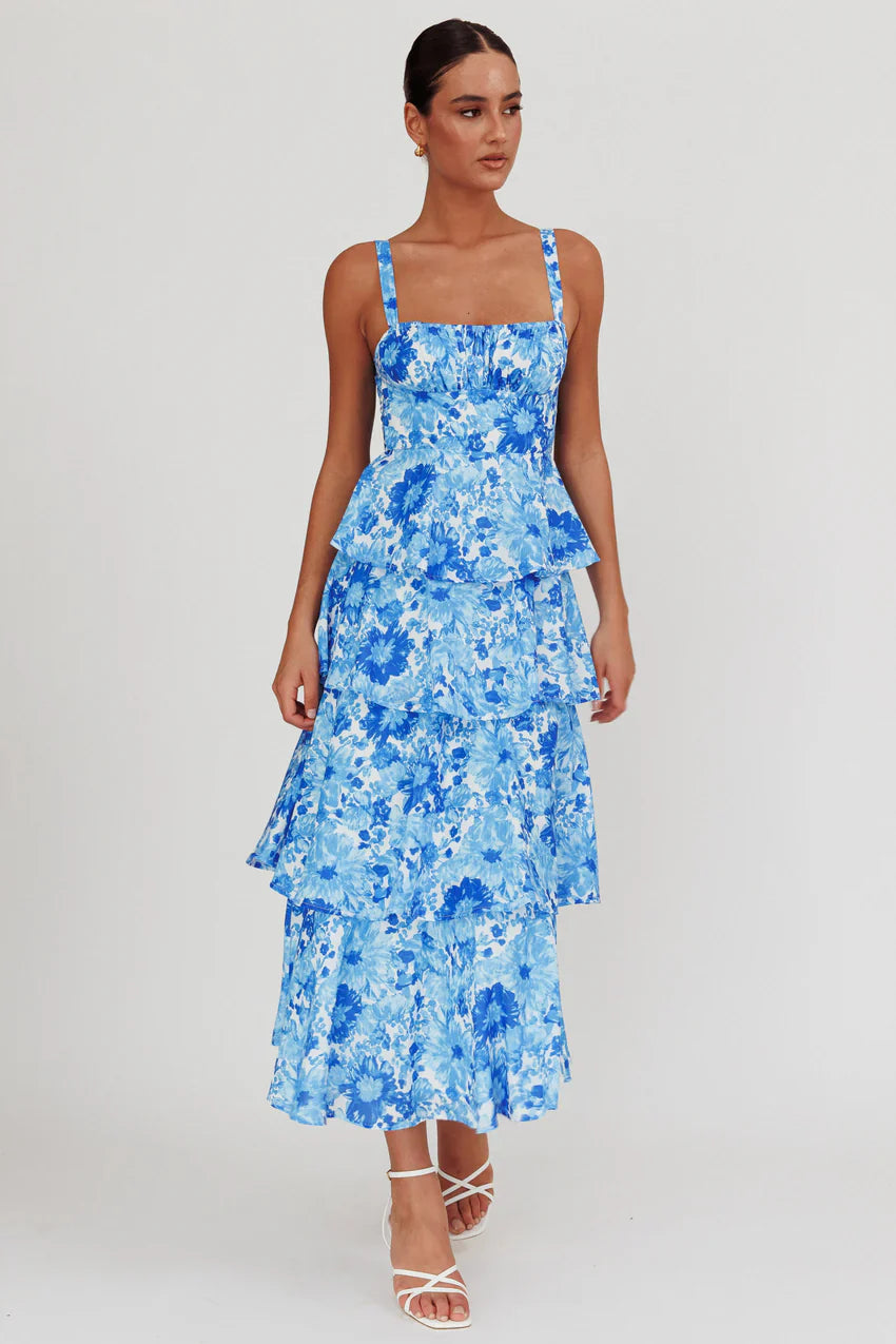 Provence Bloom Tiered Floral Maxi Dress Blue