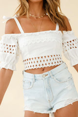 Danella Puff Sleeve Tied Shoulder Crop Top White