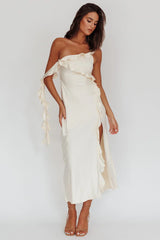 Like Yesterday Satin Ruffle Midi Dress Butter
