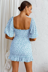 Aperol Spritz Shirred Bodice Puff Sleeve Mini Dress Floral Blue