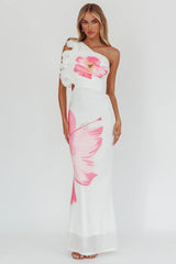 Deanna One-Shoulder Ruffle Maxi Dress Hibiscus White