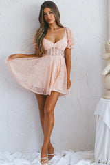 Soho Puff Sleeve Tied Back Lace Mini Dress Blush