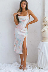 Well Versed Pleated Bust Front Split Dress Watercolor Pink