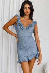Pearl Ruffle Strap Lace Mini Dress Blue