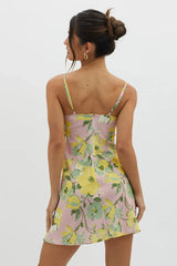 Fortune Lace Trim Bust Tie Mini Dress Floral Pink