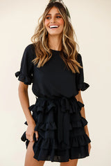 Zipporah Short Sleeve Layered Ruffle Dress Black