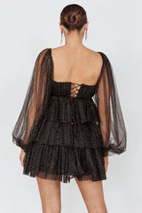 Spring Morning Long Sleeve Tiered Mini Dress Black/Gold