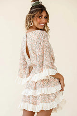Tulsa 3/4 Sleeve Waist Tie Frill Dress Floral Print Nude