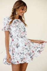 Finders Keepers Ruffle Trim Lace-Up Back Dress Floral Print White