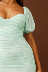 Take Heart Puff Sleeve Ruched Mesh Mini Dress Green