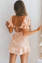 Georgia Peach Puff Sleeve Double Frill Hem Lace Dress Peach