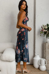 Downtown Cami Strap Front Split Midi Dress Oriental Flower Print Forest Green