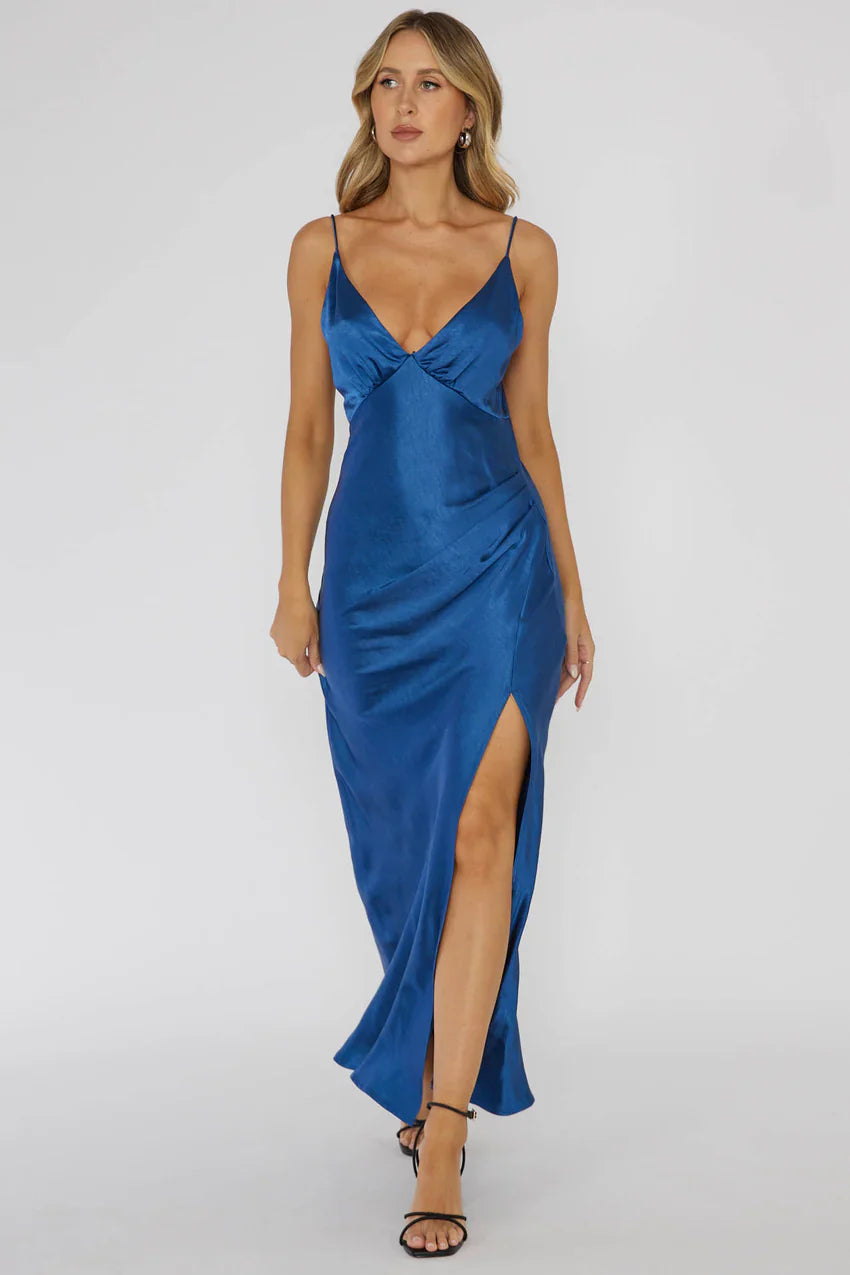 Marlie Side Pleat Maxi Dress Navy