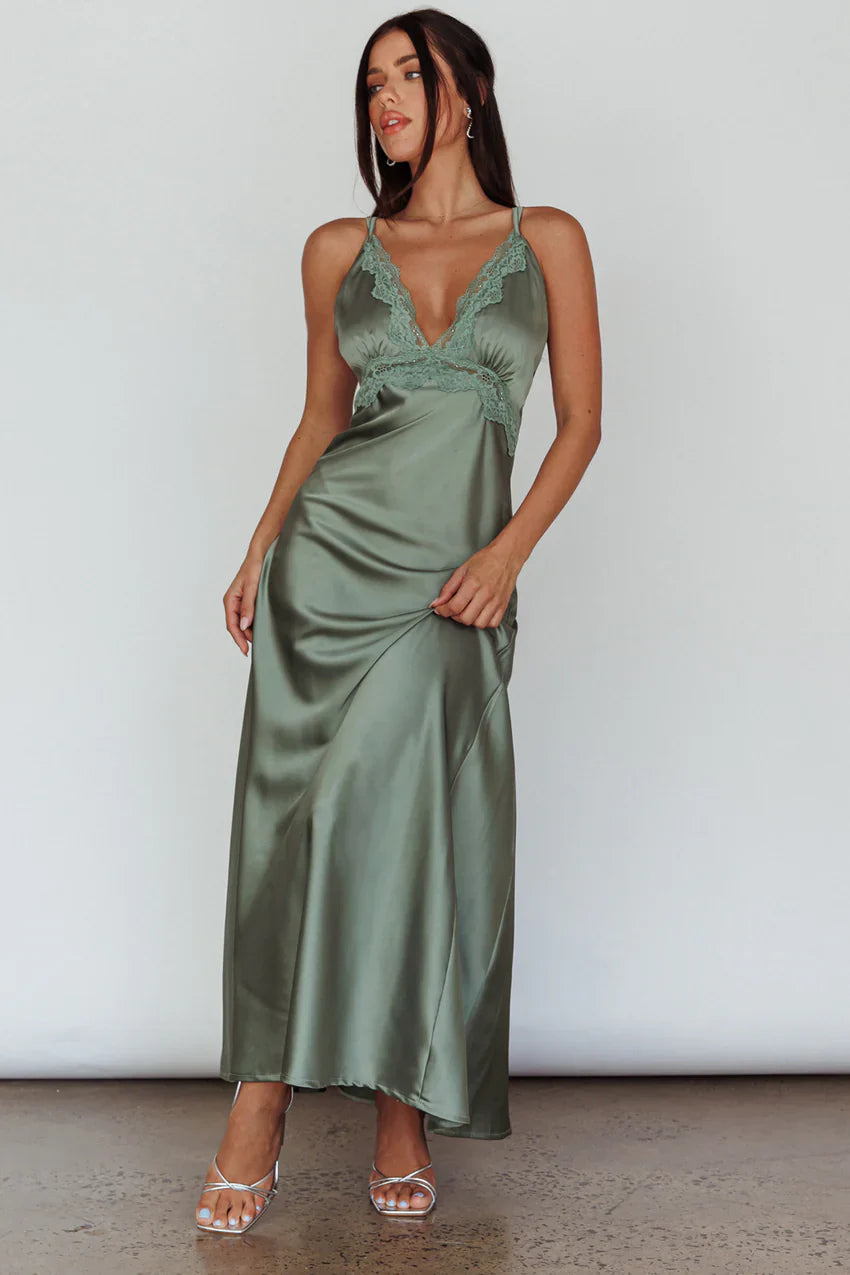 Signature Lace Trim Midi Dress Sage